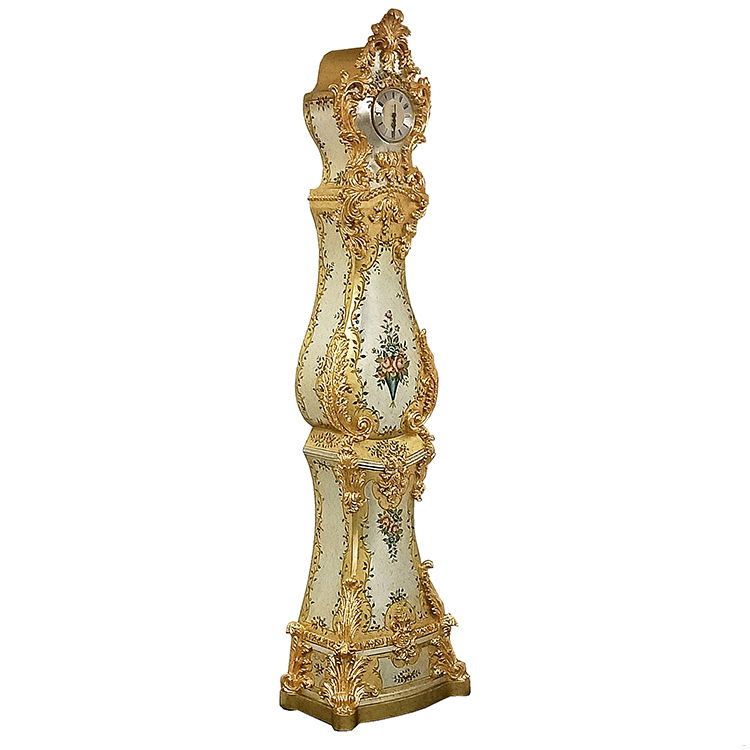 French Cream Gold-Carved Hand-Painted Grandfather Floor Clock