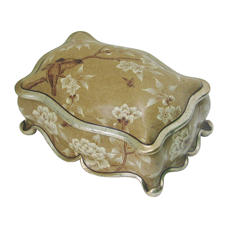 Vintage Warm-Yellow-Brown Bird-Flower-Butterfly Wavy Jewelry Box