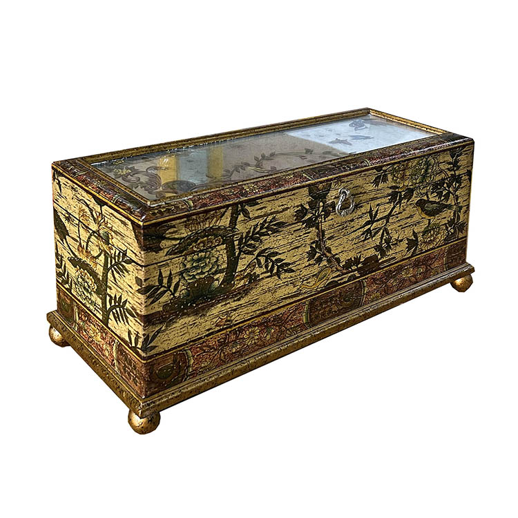 Chinese Distressed Bird-and-Flower Hand-Painted Glass-Top Wooden Storage Chest