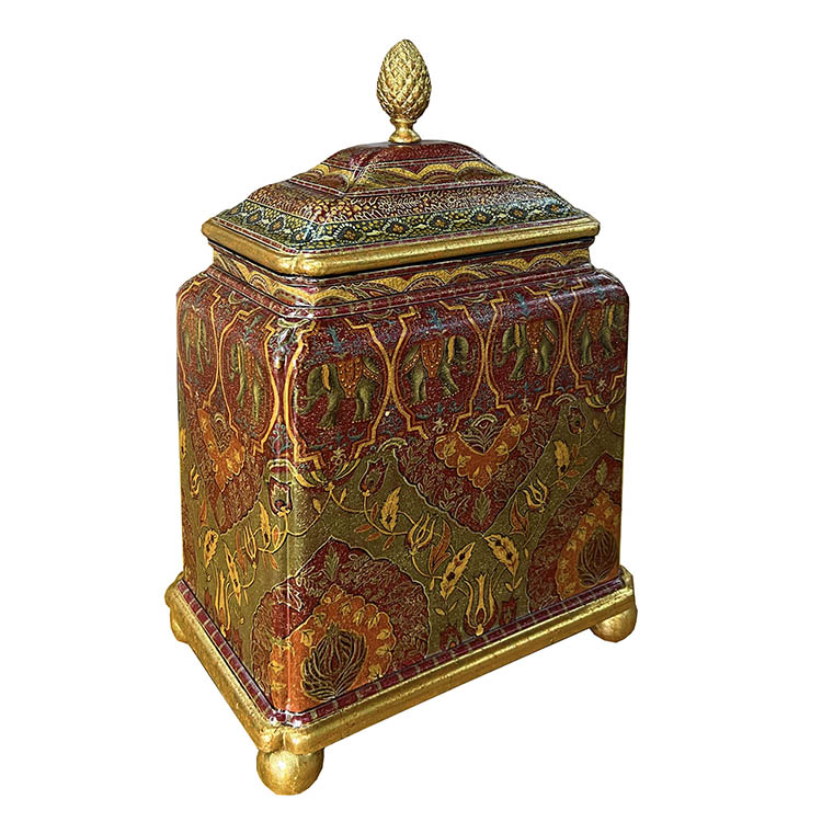 French Red-Gold-Green Floral-Scrollwork Square Storage Jar