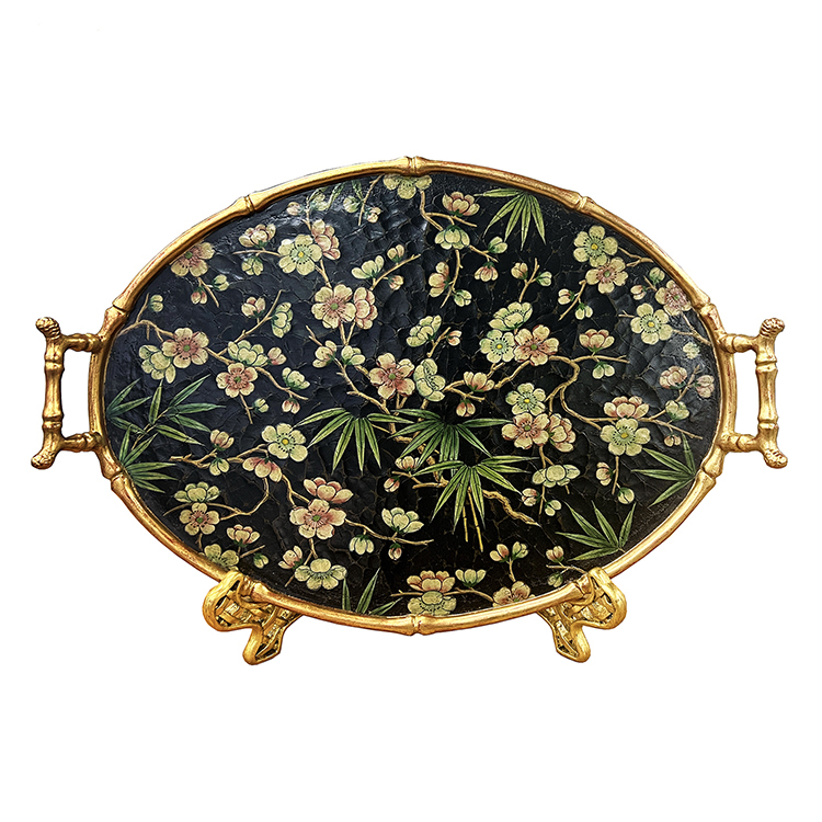 Chinese Black-Base Plum-Bamboo Hand-Painted Bamboo-Handle Decorative Tray